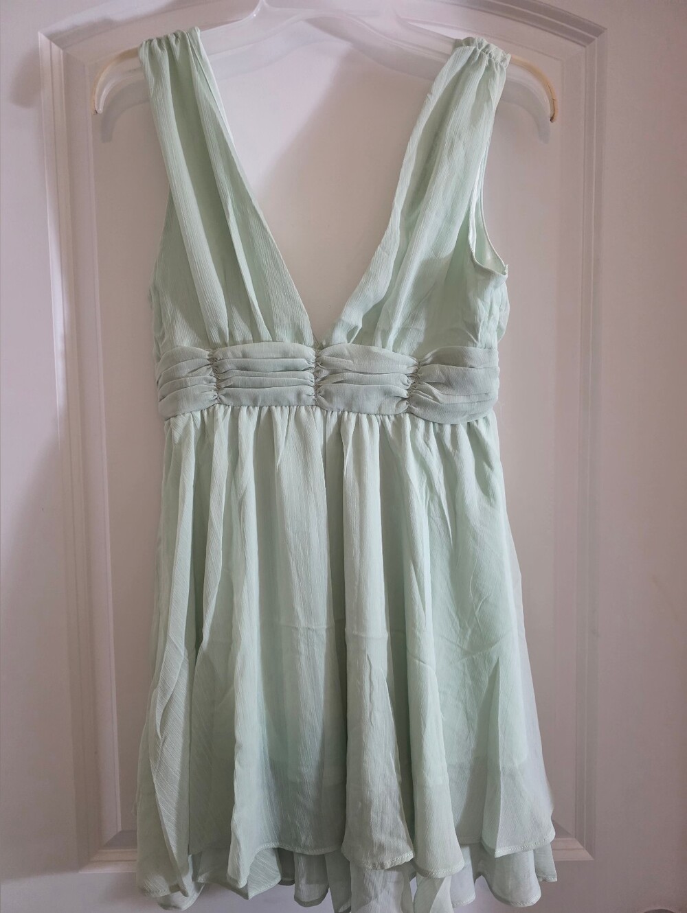Soft Mint Green V-Neck Chiffon Babydoll Dress - Picture 3 of 5